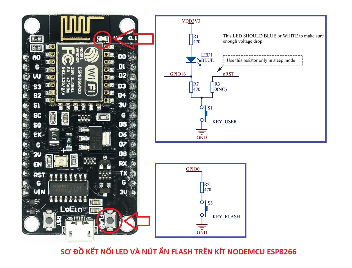Led và button Flash trên kít nodemcu esp8266