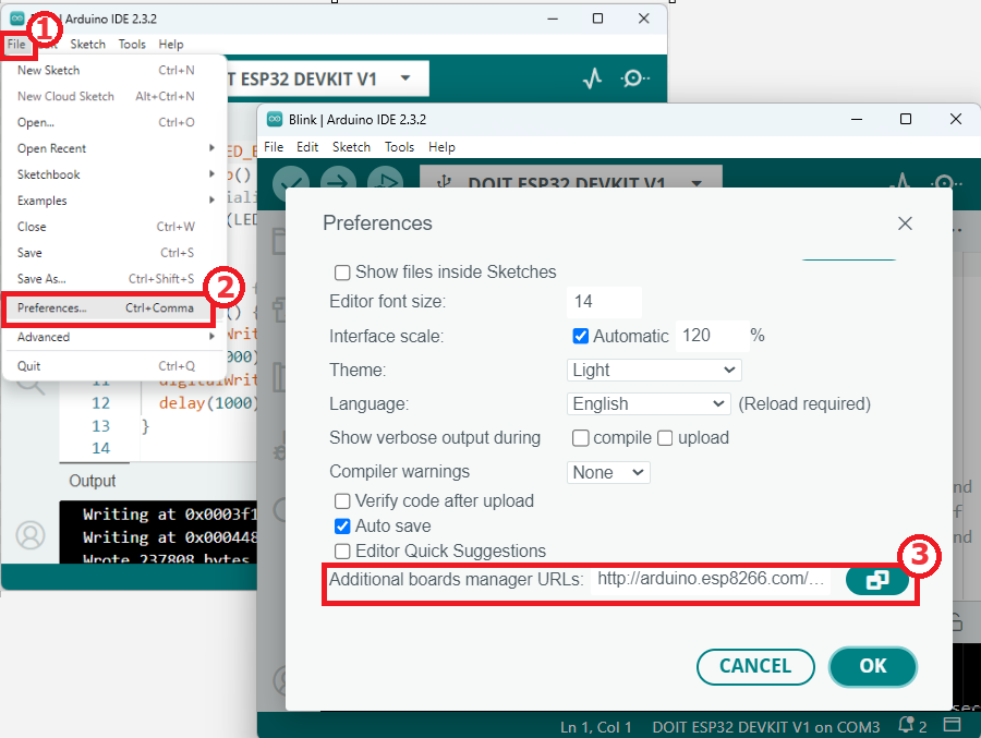 Chép đường dẫn JSON board ESP32 vào phần mềm Arduino IDE